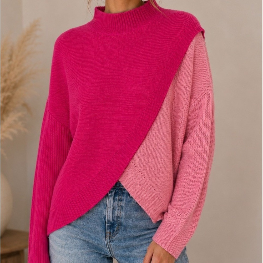 Womens Color Block Asymmetrical Wrap Mock Neck Knit Sweater Size L Pink V Day